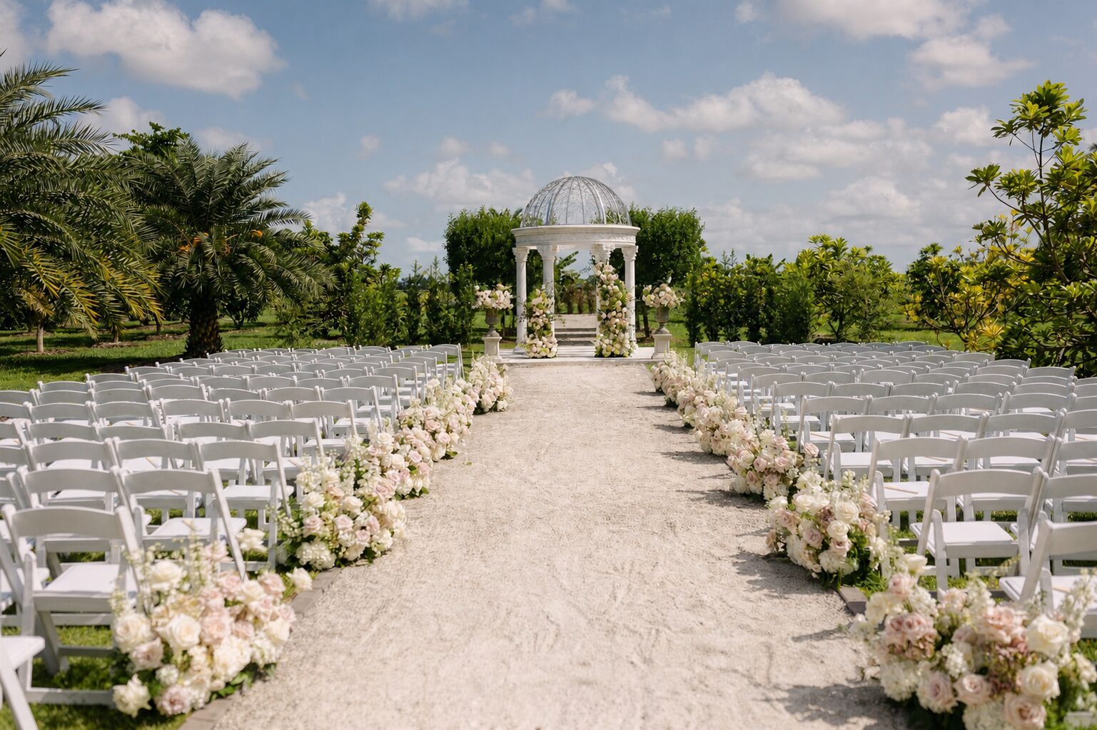 Wedding ceremony at Cinco Farm in Miami: white gazebo, flower-lined aisle and rows of white chairs among the fruit trees