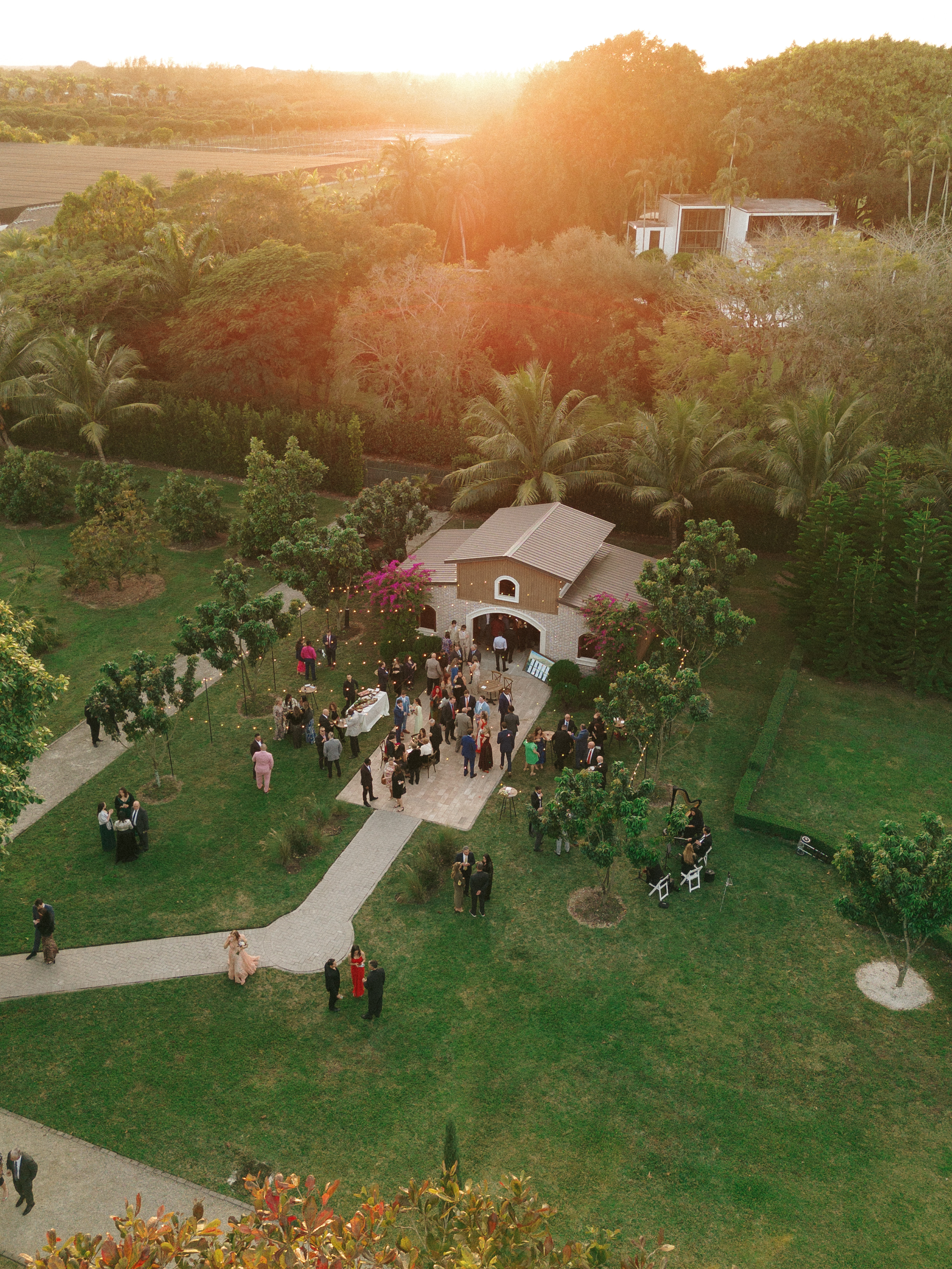 Aerial view of Cinco Farm outdoor wedding venue in Miami at sunset