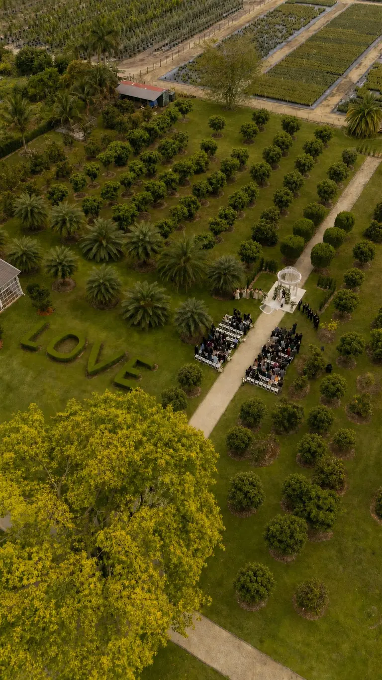 Aerial view of an outdoor wedding ceremony and orchard gardens at Cinco Farm in Miami