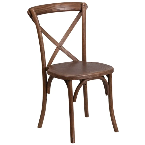 Brown cross-back chair for wedding ceremony and reception seating