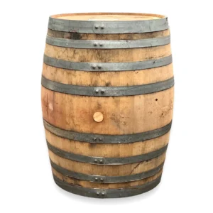 Rustic wooden wine barrel with metal bands